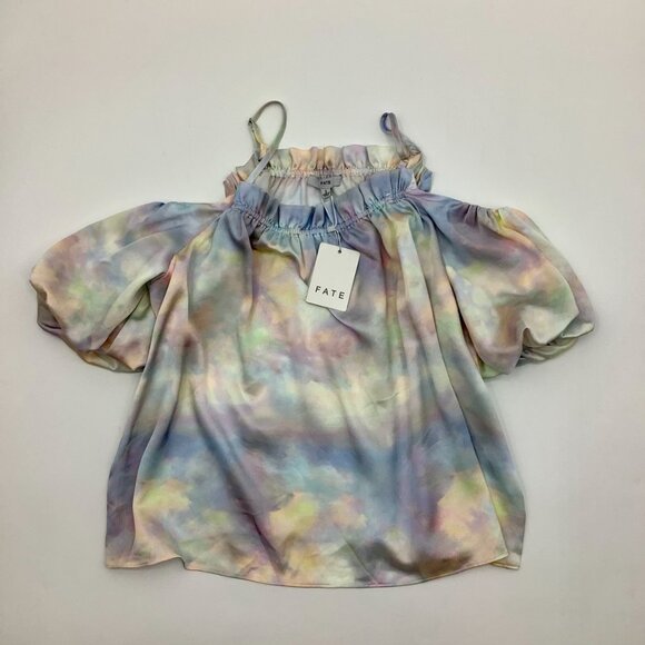 FATE Tie Dye Watercolor Pink Blue Cold Shoulder Ballon Sleeve Blouse Small - Picture 2 of 5